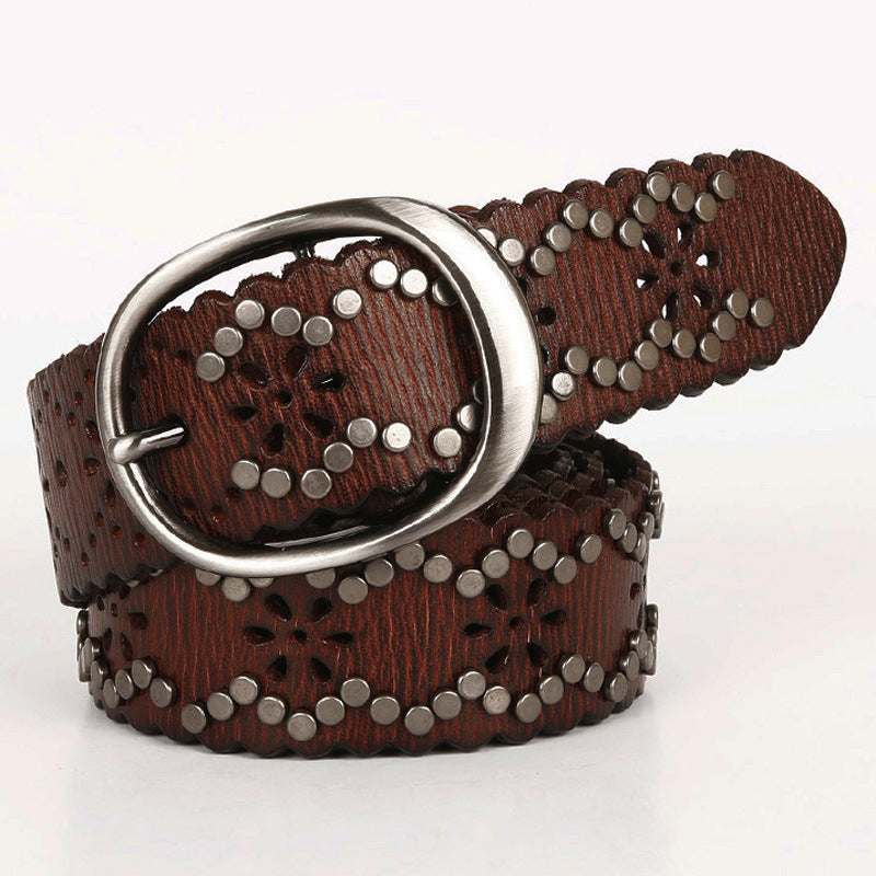 Lace rivet leather belt head layer cowhide women's belt