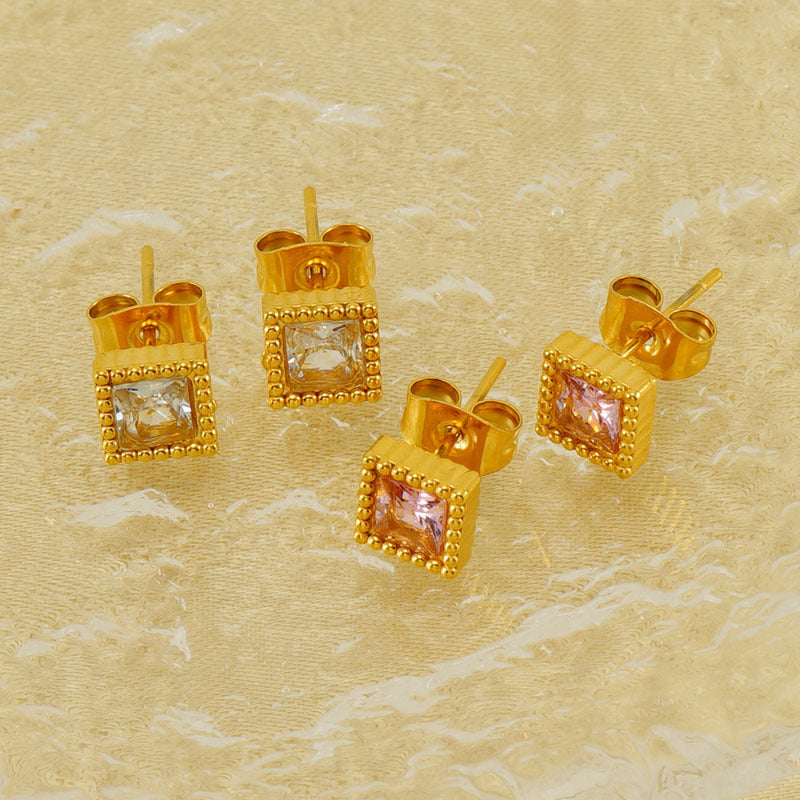 European And American Real Gold Square Zircon Stud Earrings Retro Compact