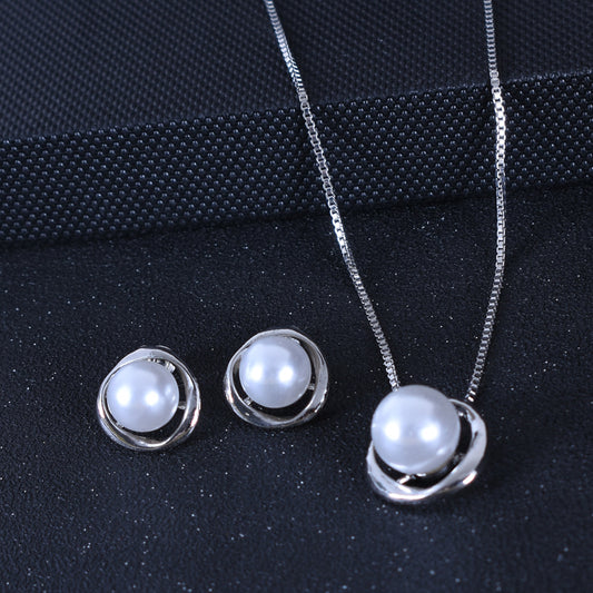 Alloy Electroplating Highlight Imitation Pearl Necklace And Earrings Suite