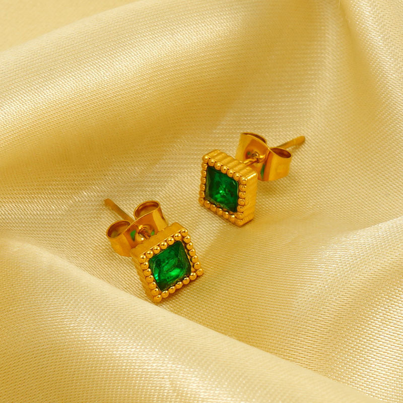 European And American Real Gold Square Zircon Stud Earrings Retro Compact