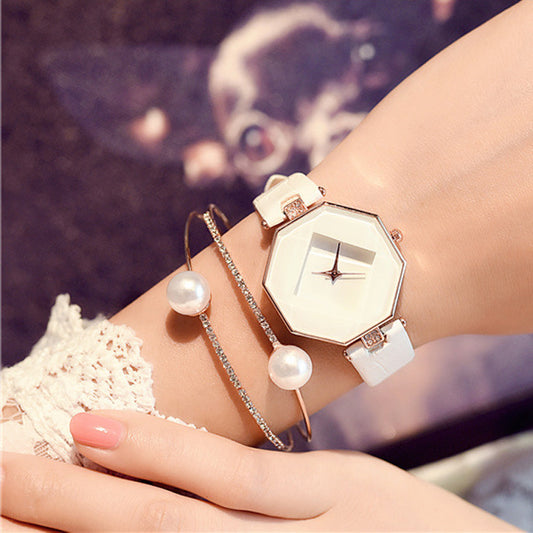 New Style Watch Girl Student Belt Prismatic Glass Simple Fashion Small Dial Quartz Watch