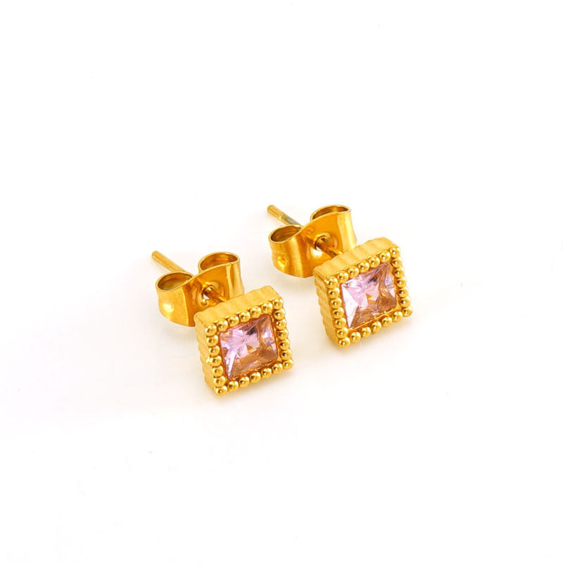 European And American Real Gold Square Zircon Stud Earrings Retro Compact