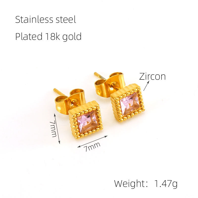 European And American Real Gold Square Zircon Stud Earrings Retro Compact